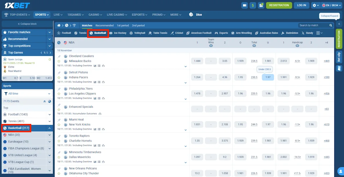 Basketball section 1xBet Screenshot